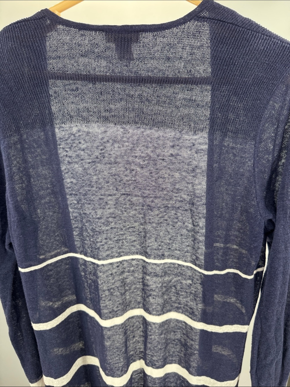 Chico's Navy White Striped Lightweight open front duster cardigan linen M stripe - Picture 3 of 10